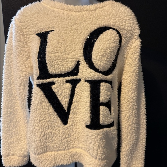 White Fuzzy Sweater with Black sequin LOVE Letters Sz S oversized - Picture 2 of 5